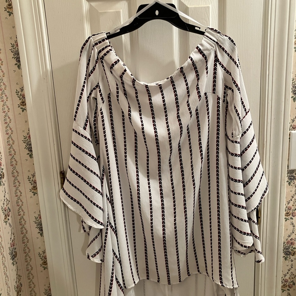 Runaway White Shoulder-less Dress With Red & Blue Chevrons
